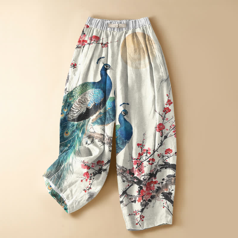 Buddha Stones Pure Cotton Oriental Peacock Plum Blossom Pattern Frog Button Women's Elastic Waist Harem Pants With Pockets - WhiteSmoke - US16，UK/AU20，EU48 (3XL) - image 0