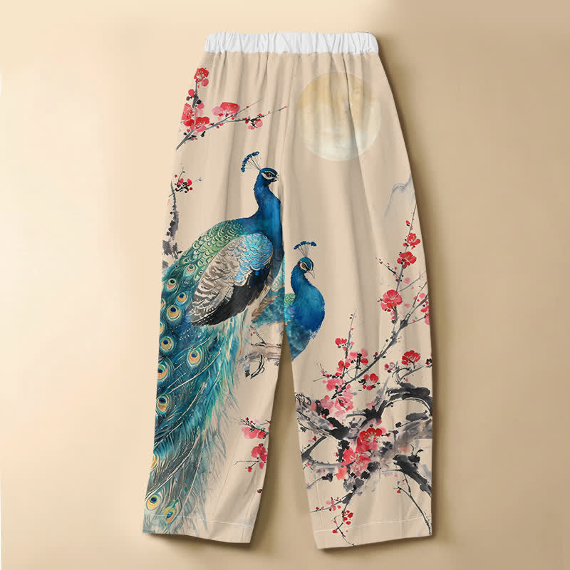 Buddha Stones Pure Cotton Oriental Peacock Plum Blossom Pattern Frog Button Women's Elastic Waist Harem Pants With Pockets - image 8