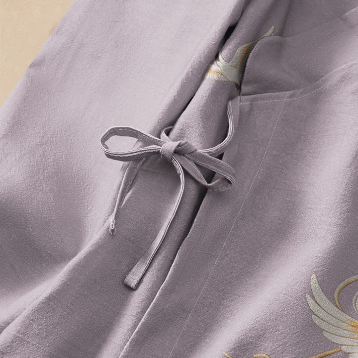 Buddha Stones Cotton Flying Crane Pattern Wrap V-Neck Lace-up Women's Long Sleeve Shirts Kimono - image 3