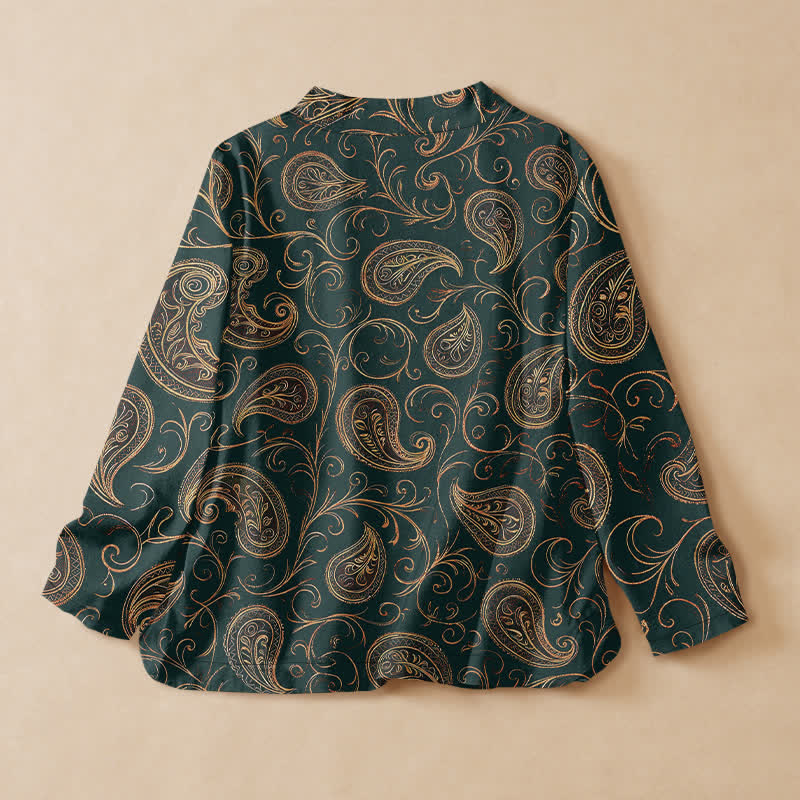 Buddha Stones Cotton Vintage Paisley Vine Print Hanfu Style Wrap V-Neck Lace-up Women's Long Sleeve Shirts Kimono - image 1