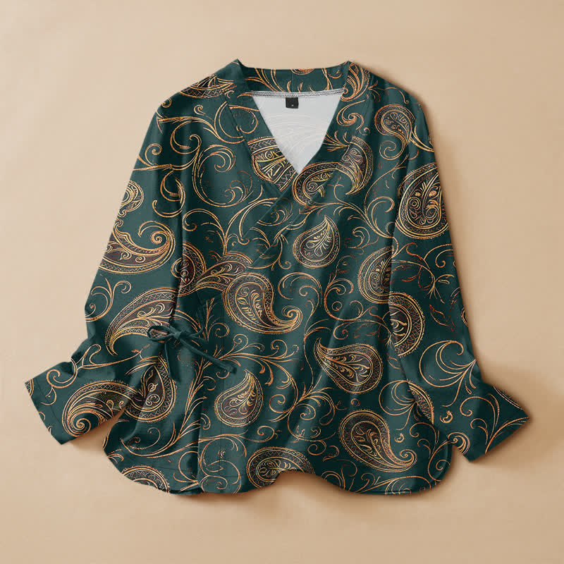 Buddha Stones Cotton Vintage Paisley Vine Print Hanfu Style Wrap V-Neck Lace-up Women's Long Sleeve Shirts Kimono - Teal - US16，UK/AU20，EU48 (3XL) - image 0
