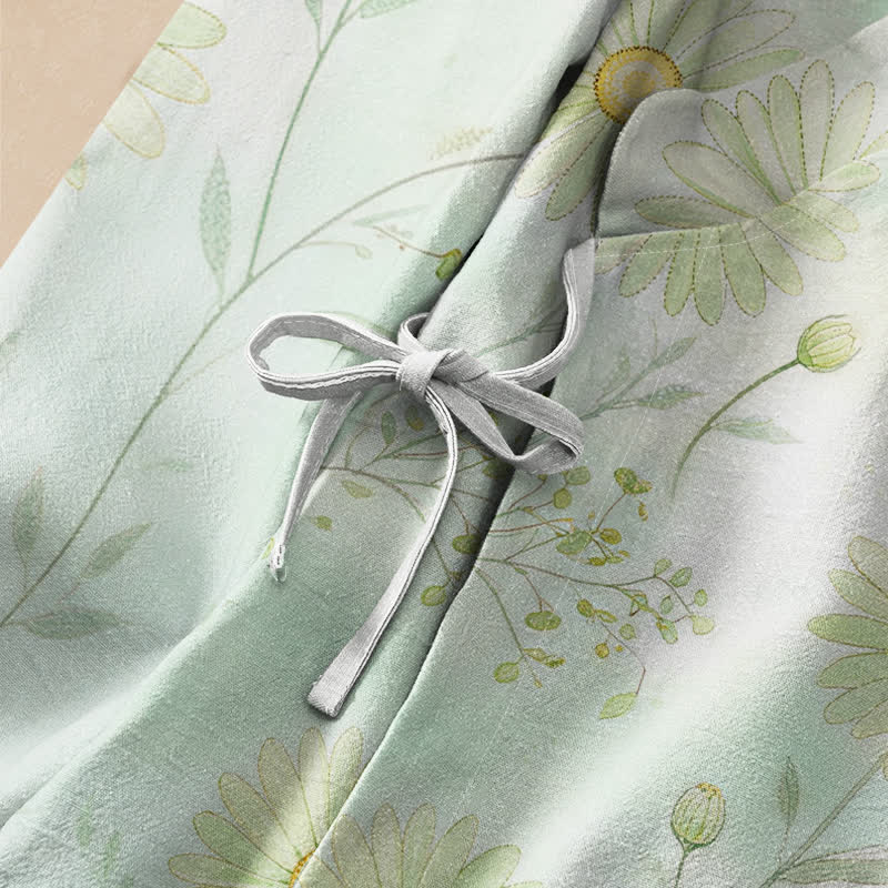 Buddha Stones Cotton Daisy Floral Print Hanfu Style Wrap V-Neck Lace-up Women's Long Sleeve Shirts Kimono - image 3
