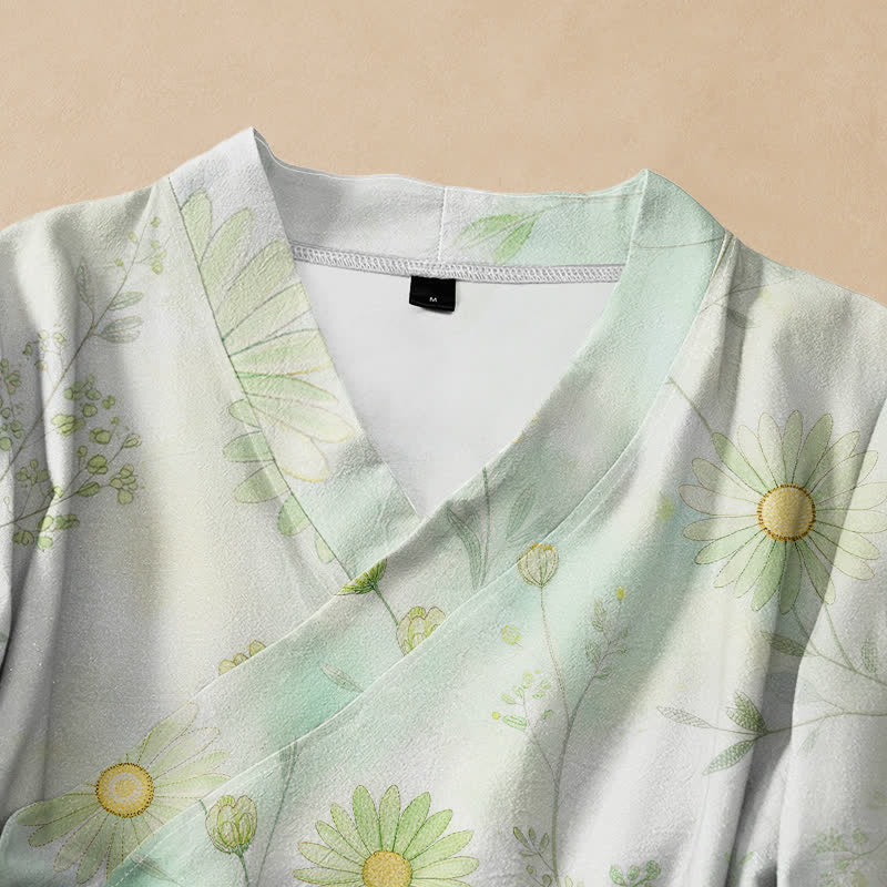 Buddha Stones Cotton Daisy Floral Print Hanfu Style Wrap V-Neck Lace-up Women's Long Sleeve Shirts Kimono - image 2