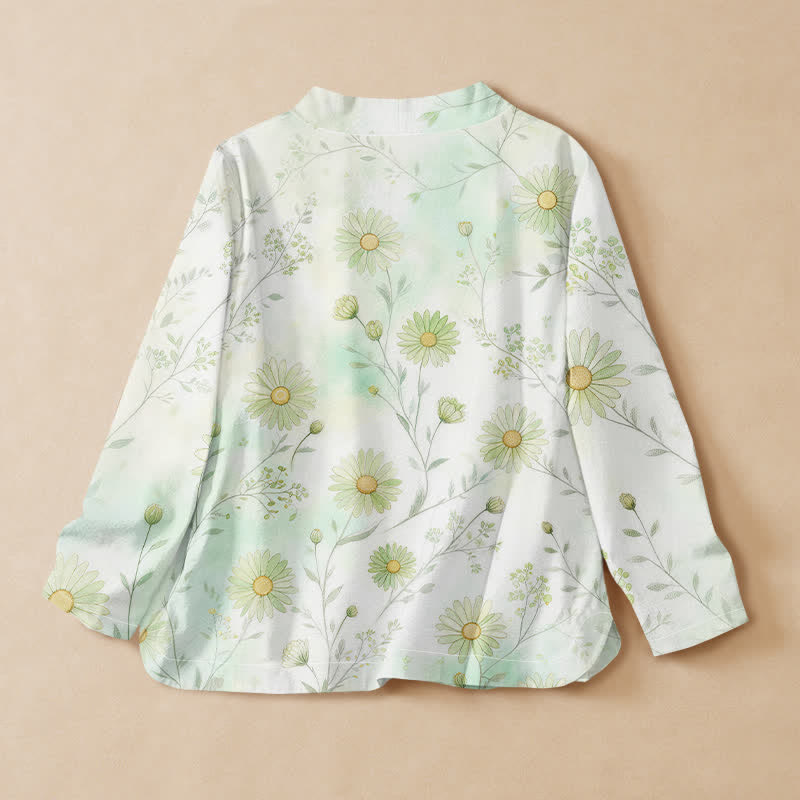Buddha Stones Cotton Daisy Floral Print Hanfu Style Wrap V-Neck Lace-up Women's Long Sleeve Shirts Kimono - image 1
