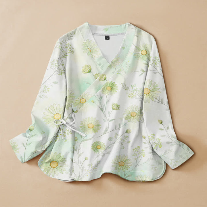 Buddha Stones Cotton Daisy Floral Print Hanfu Style Wrap V-Neck Lace-up Women's Long Sleeve Shirts Kimono - Honeydew - US16，UK/AU20，EU48 (3XL) - image 0