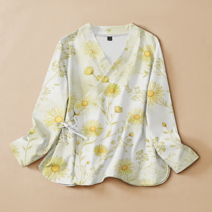 Buddha Stones Cotton Daisy Floral Print Hanfu Style Wrap V-Neck Lace-up Women's Long Sleeve Shirts Kimono - Ivory - US16，UK/AU20，EU48 (3XL) - image 5