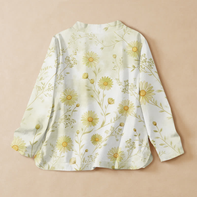 Buddha Stones Cotton Daisy Floral Print Hanfu Style Wrap V-Neck Lace-up Women's Long Sleeve Shirts Kimono - image 6