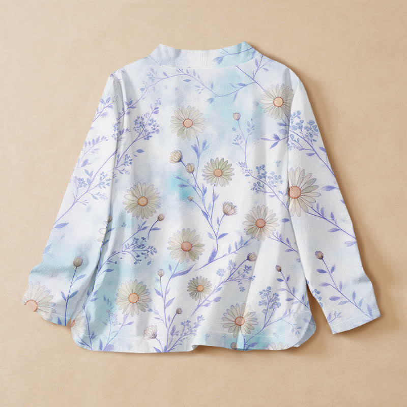 Buddha Stones Cotton Daisy Floral Print Hanfu Style Wrap V-Neck Lace-up Women's Long Sleeve Shirts Kimono - image 8