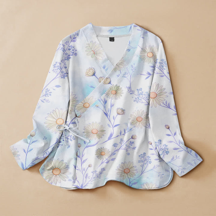 Buddha Stones Cotton Daisy Floral Print Hanfu Style Wrap V-Neck Lace-up Women's Long Sleeve Shirts Kimono - AliceBlue - US16，UK/AU20，EU48 (3XL) - image 7