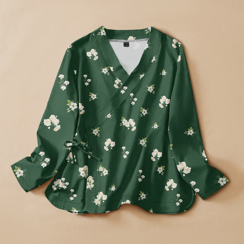 Buddha Stones Cotton Vintage Wildflower Pattern Wrap V-Neck Lace-up Women's Long Sleeve Shirts Kimono - SeaGreen - US16，UK/AU20，EU48 (3XL) - image 0