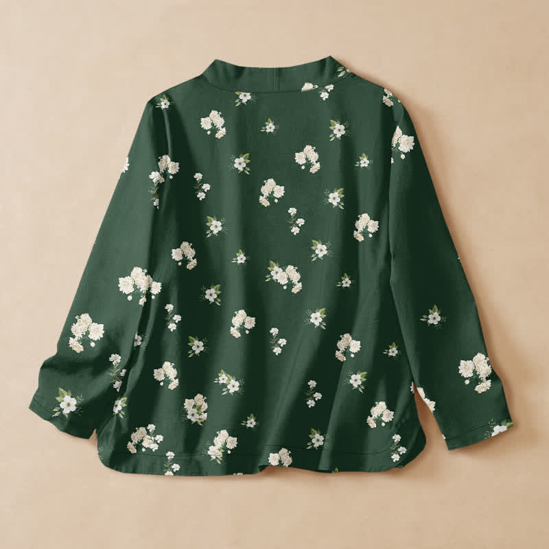 Buddha Stones Cotton Vintage Wildflower Pattern Wrap V-Neck Lace-up Women's Long Sleeve Shirts Kimono - image 1