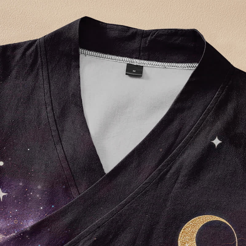 Buddha Stones Cotton Celestial Lotus Moon Print Hanfu Style Wrap V-Neck Lace-up Women's Long Sleeve Shirts Kimono - image 2