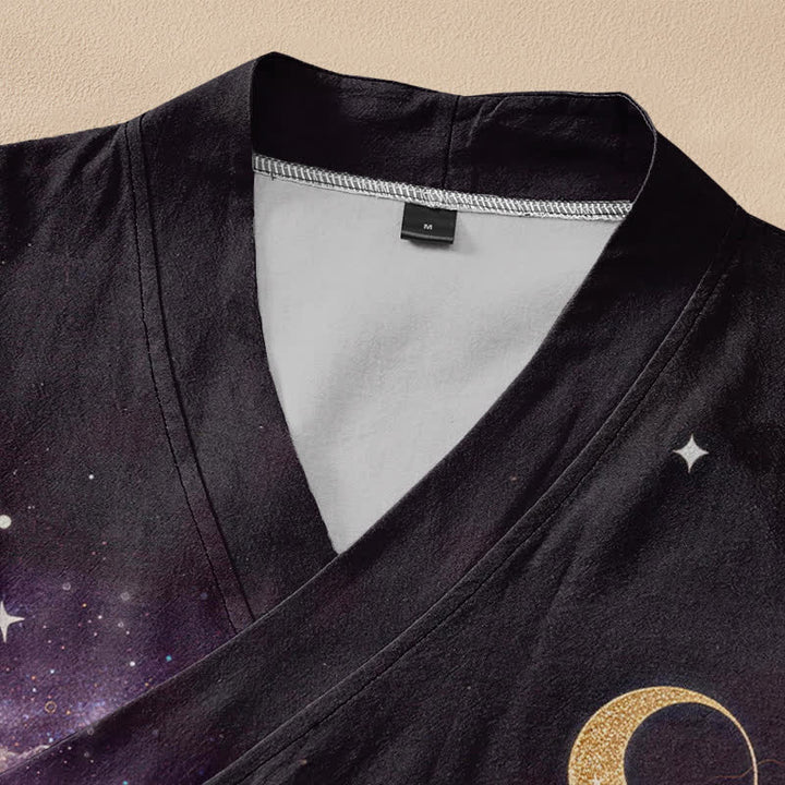 Buddha Stones Cotton Celestial Lotus Moon Print Hanfu Style Wrap V-Neck Lace-up Women's Long Sleeve Shirts Kimono - image 2