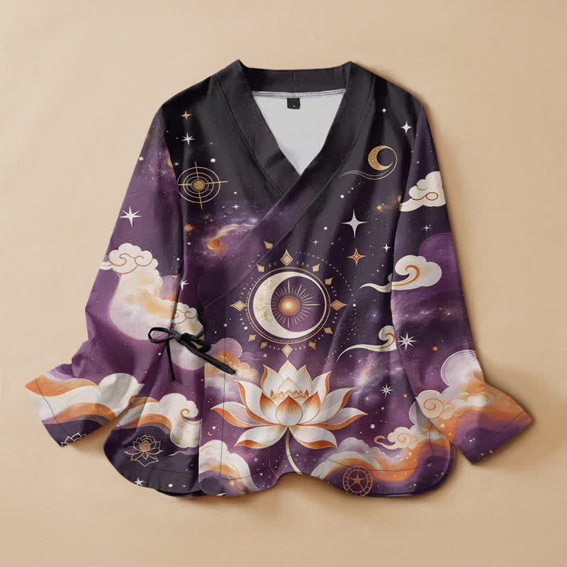 Buddha Stones Cotton Celestial Lotus Moon Print Hanfu Style Wrap V-Neck Lace-up Women's Long Sleeve Shirts Kimono - Black - US16，UK/AU20，EU48 (3XL) - image 0