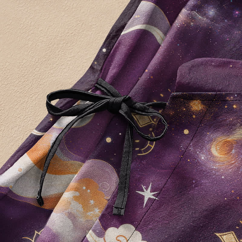 Buddha Stones Cotton Celestial Lotus Moon Print Hanfu Style Wrap V-Neck Lace-up Women's Long Sleeve Shirts Kimono - image 3
