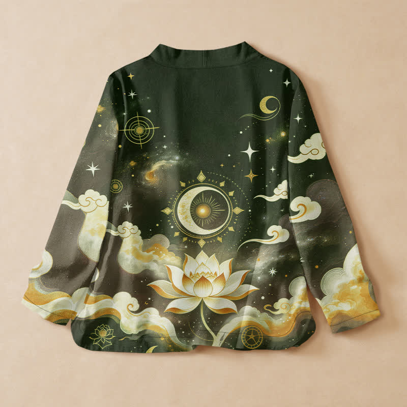 Buddha Stones Cotton Celestial Lotus Moon Print Hanfu Style Wrap V-Neck Lace-up Women's Long Sleeve Shirts Kimono - image 6