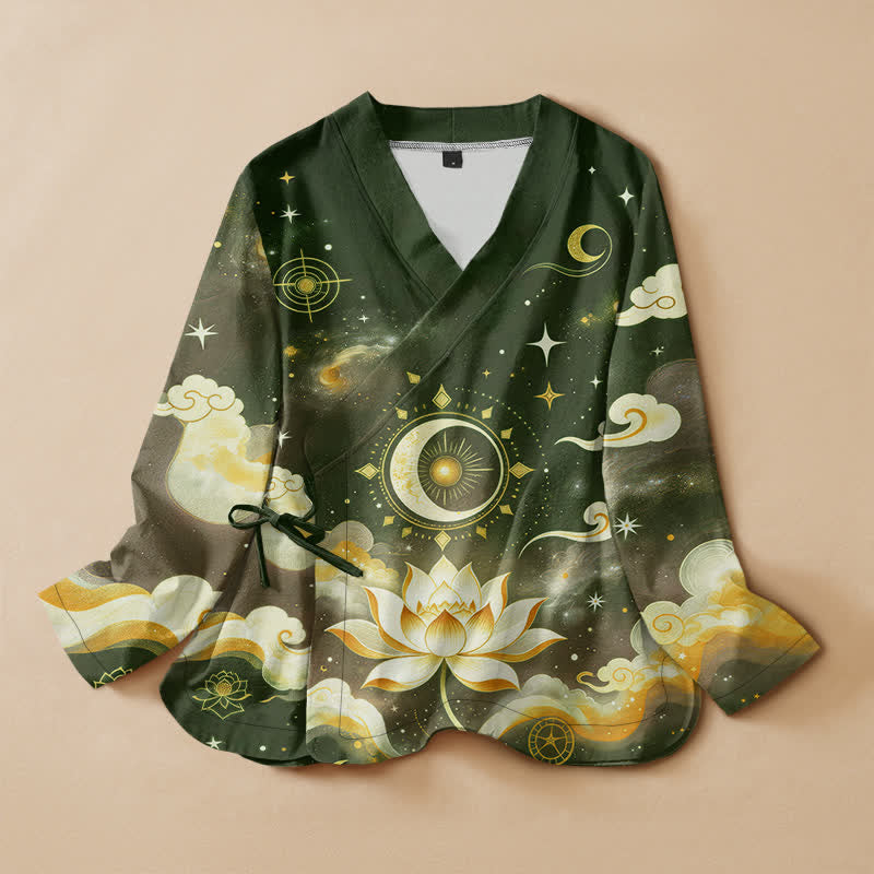 Buddha Stones Cotton Celestial Lotus Moon Print Hanfu Style Wrap V-Neck Lace-up Women's Long Sleeve Shirts Kimono - DarkGreen - US16，UK/AU20，EU48 (3XL) - image 5