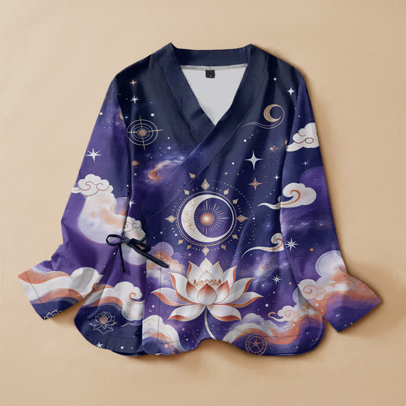 Buddha Stones Cotton Celestial Lotus Moon Print Hanfu Style Wrap V-Neck Lace-up Women's Long Sleeve Shirts Kimono - Navy - US16，UK/AU20，EU48 (3XL) - image 7