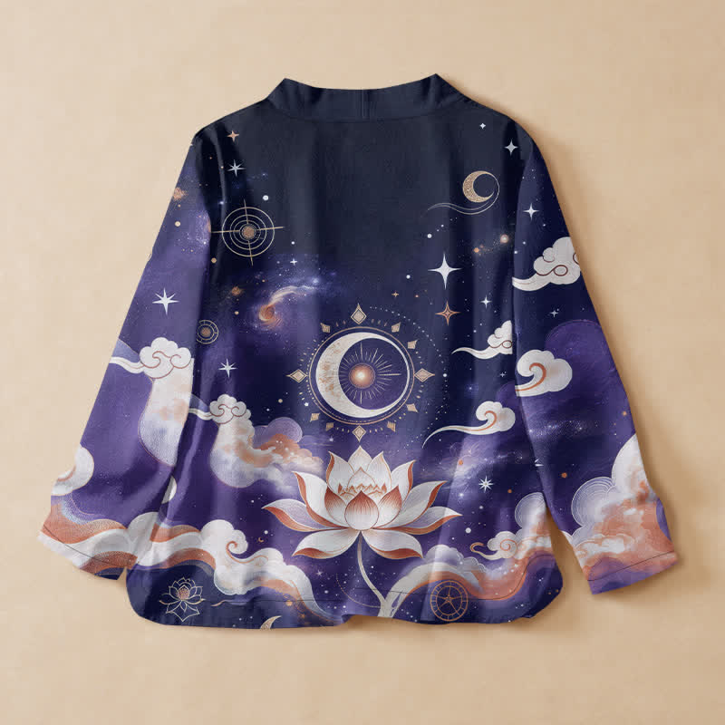Buddha Stones Cotton Celestial Lotus Moon Print Hanfu Style Wrap V-Neck Lace-up Women's Long Sleeve Shirts Kimono - image 8