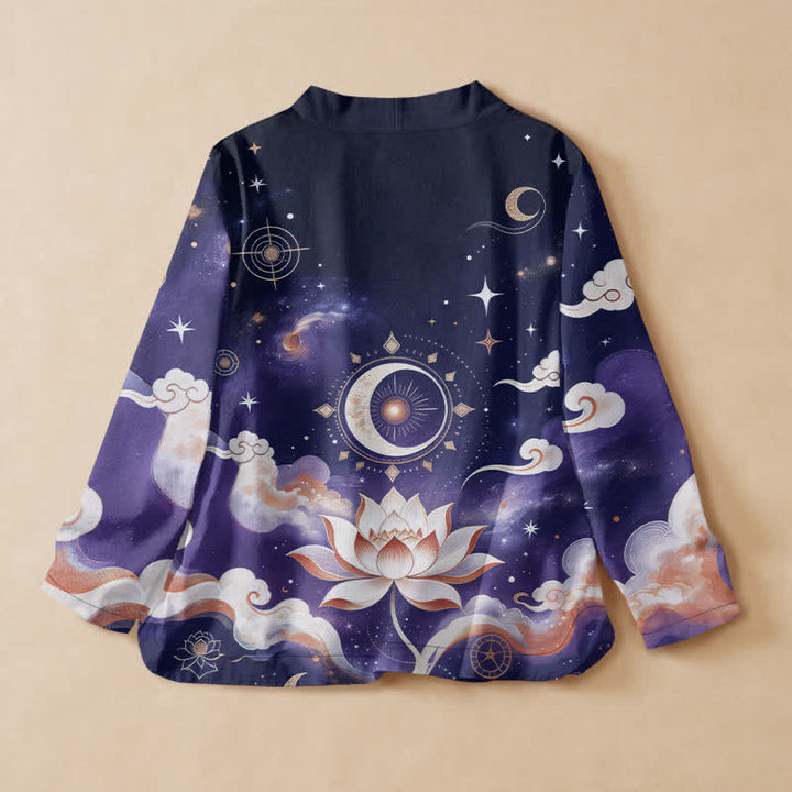 Buddha Stones Cotton Celestial Lotus Moon Print Hanfu Style Wrap V-Neck Lace-up Women's Long Sleeve Shirts Kimono - image 8