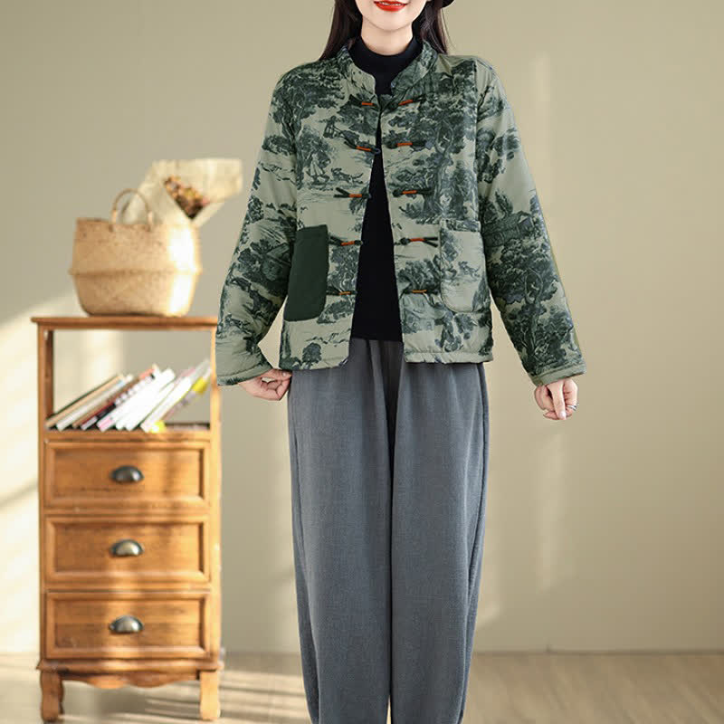 Buddha Stones Fall Winter Vintage Tang Style Frog Button Tree Print Cropped Women's Jacket With Pockets - image 7
