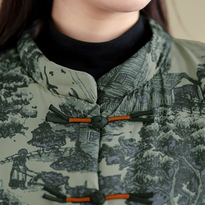 Buddha Stones Fall Winter Vintage Tang Style Frog Button Tree Print Cropped Women's Jacket With Pockets - image 8
