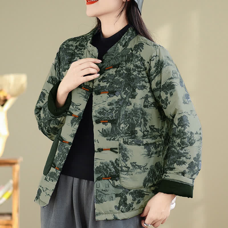 Buddha Stones Fall Winter Vintage Tang Style Frog Button Tree Print Cropped Women's Jacket With Pockets - image 2