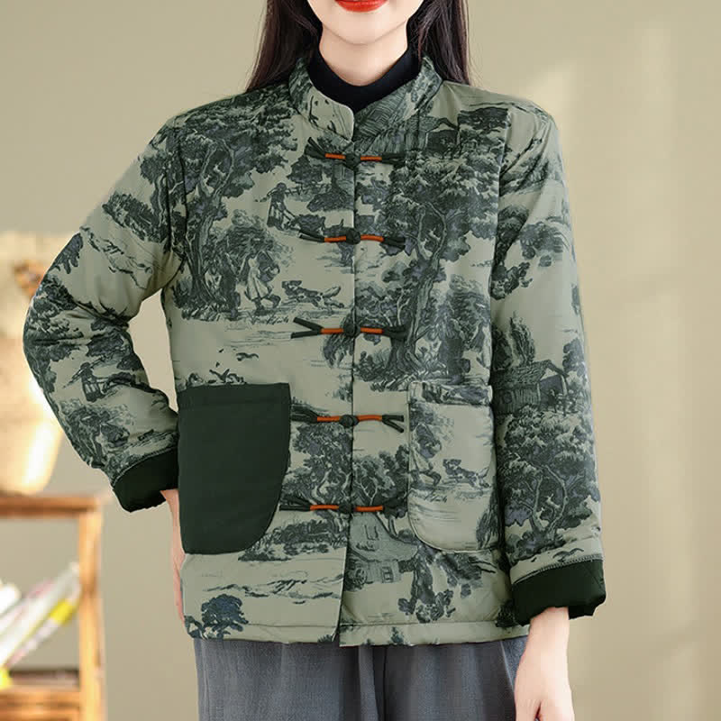 Buddha Stones Fall Winter Vintage Tang Style Frog Button Tree Print Cropped Women's Jacket With Pockets - image 1