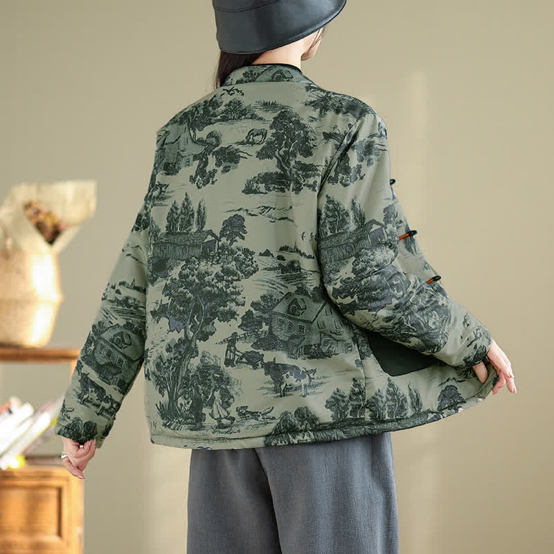 Buddha Stones Fall Winter Vintage Tang Style Frog Button Tree Print Cropped Women's Jacket With Pockets - image 3