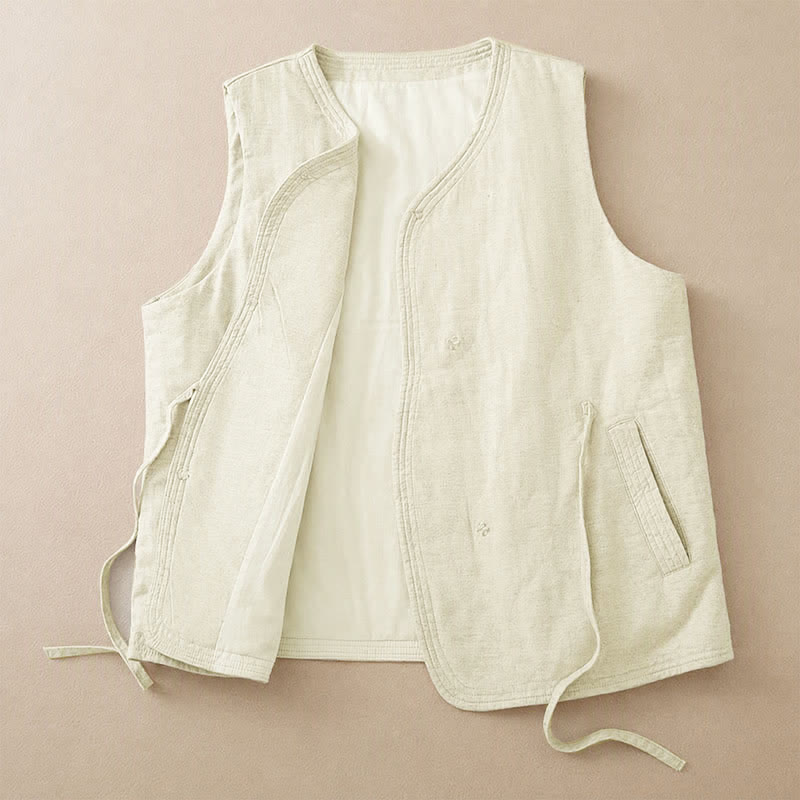 Buddha Stones Fall Winter Casual Minimalist Drawstring Beige Women's Vest Tank Top With Pockets - image 3