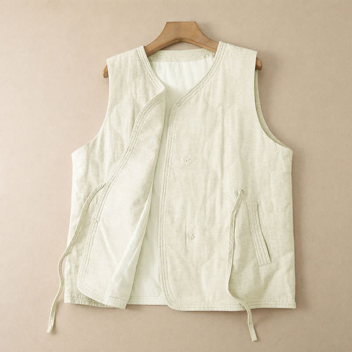 Buddha Stones Fall Winter Casual Minimalist Drawstring Beige Women's Vest Tank Top With Pockets - image 2