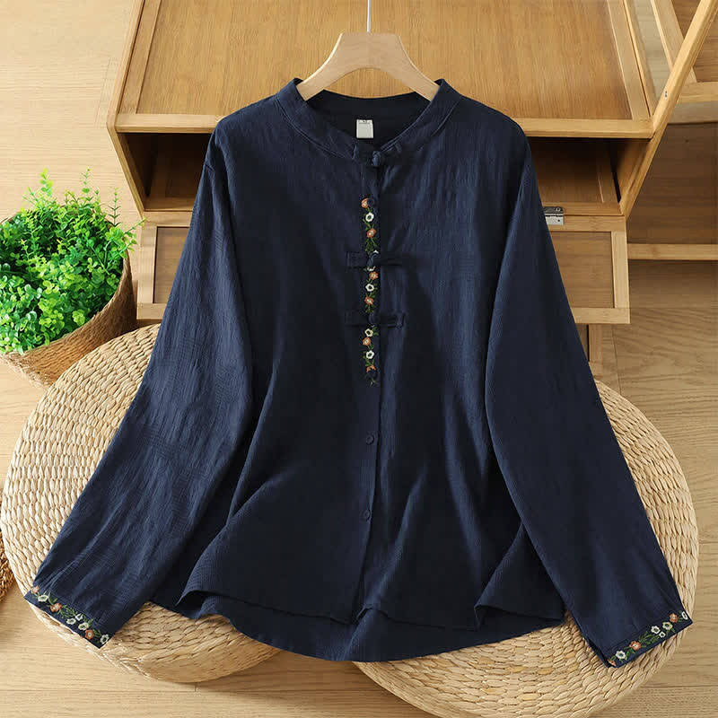 Buddha Stones Fall Tang Style Vintage Mandarin Collar Embroidery Floral Women's Long Sleeve Shirts - MidnightBlue - US8-10, UK/AU12-14, EU40-42 (2XL) - image 0
