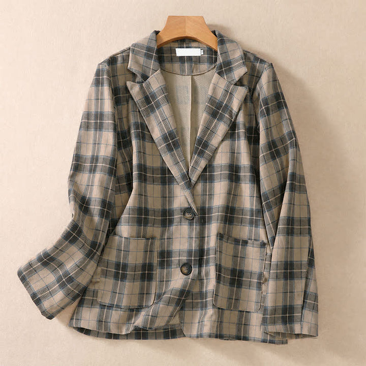 Buddha Stones Fall Vintage Classic Button-Up Plaid Women's Jacket With Pockets - Tan - US8-10, UK/AU12-14, EU40-42 (2XL) - image 0