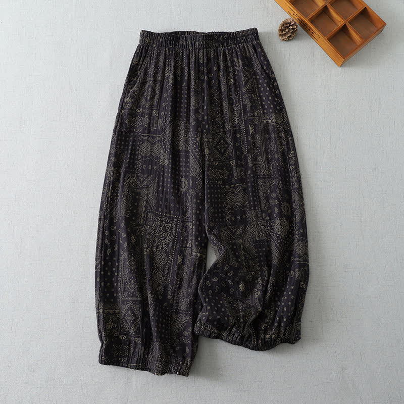 Buddha Stones Spring Summer Vintage Boho Floral Cropped Pants Women's Harem Pants With Pockets - Black - US8-10, UK/AU12-14, EU40-42 (2XL) - image 2