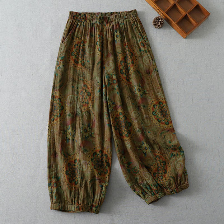 Buddha Stones Spring Summer Vintage Boho Floral Cropped Pants Women's Harem Pants With Pockets - SaddleBrown - US8-10, UK/AU12-14, EU40-42 (2XL) - image 0