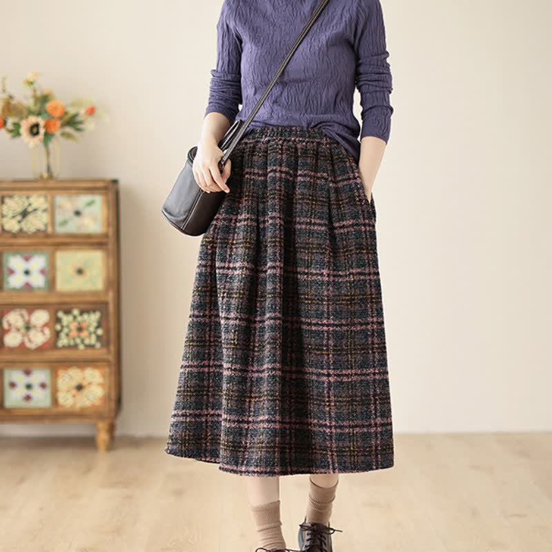 Buddha Stones Fall Winter Minimalist Classic Pleated Plaid Women's Skirt With Pockets - image 5