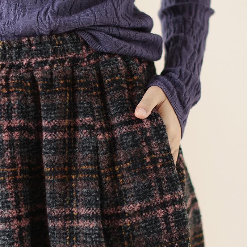 Buddha Stones Fall Winter Minimalist Classic Pleated Plaid Women's Skirt With Pockets - image 7