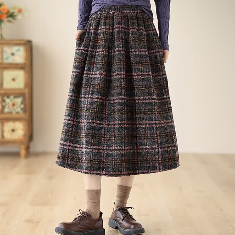 Buddha Stones Fall Winter Minimalist Classic Pleated Plaid Women's Skirt With Pockets - image 1