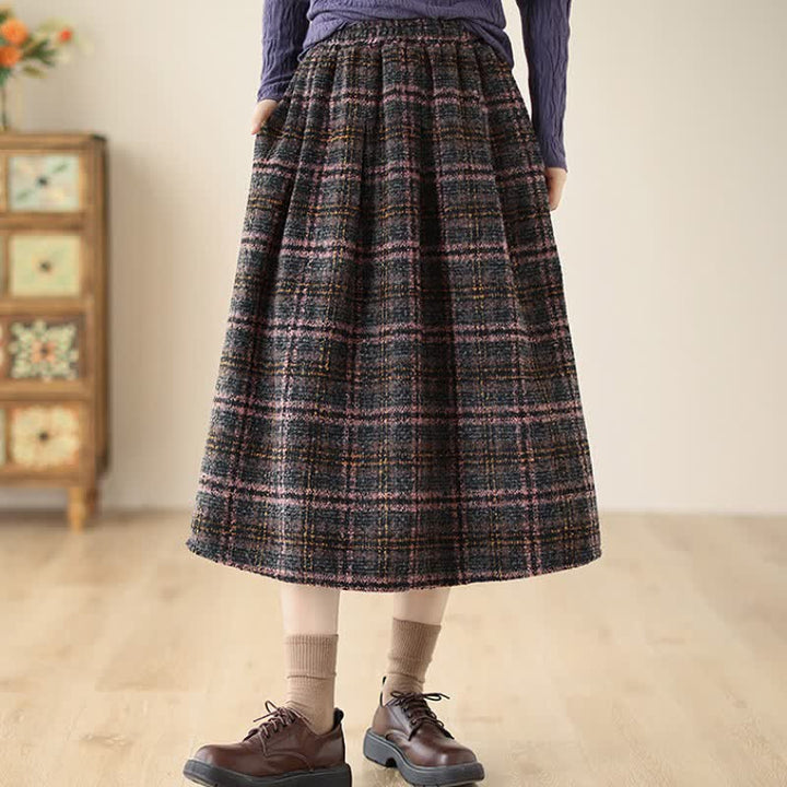 Buddha Stones Fall Winter Minimalist Classic Pleated Plaid Women's Skirt With Pockets - image 1