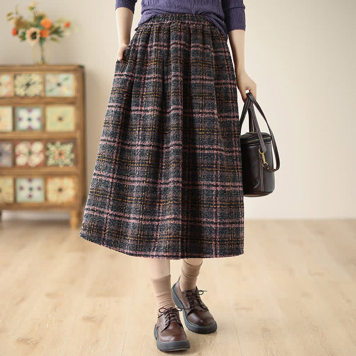 Buddha Stones Fall Winter Minimalist Classic Pleated Plaid Women's Skirt With Pockets - image 3