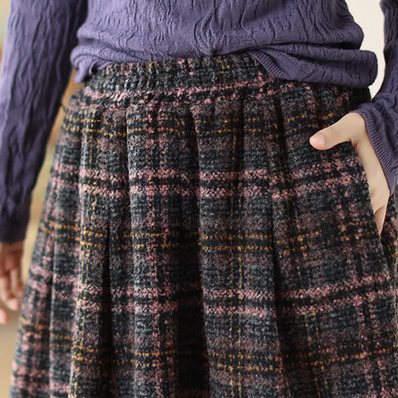 Buddha Stones Fall Winter Minimalist Classic Pleated Plaid Women's Skirt With Pockets - image 6