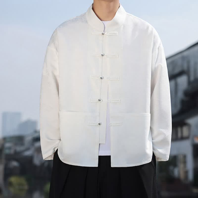 Buddha Stones Spring Fall Casual Tang Style Mandarin Collar Frog Button Landscape Pattern Men's Long Sleeve Shirts With Pockets - White - US/UK/AU48, EU58 (5XL) - image 21