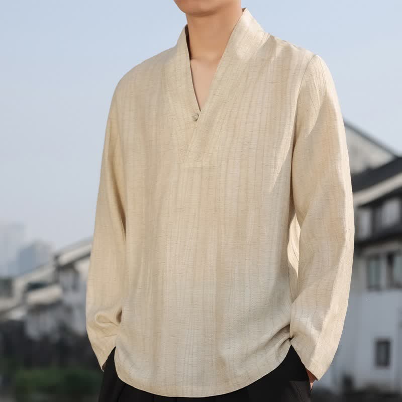 Buddha Stones Spring Fall Casual Tang Style V-Neck Solid Men's Long Sleeve Shirts - image 1