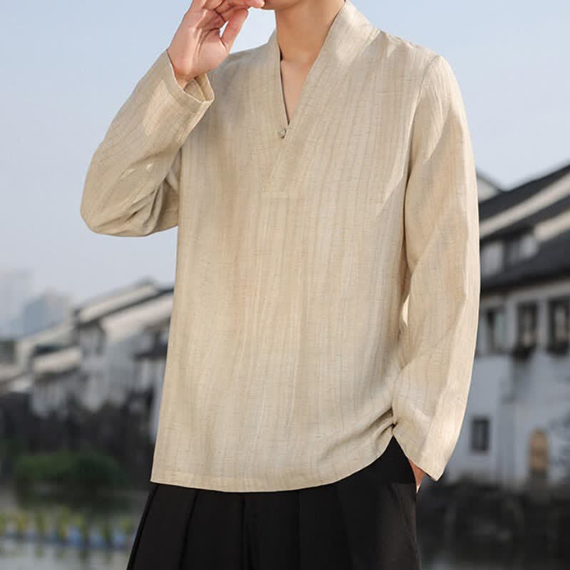 Buddha Stones Spring Fall Casual Tang Style V-Neck Solid Men's Long Sleeve Shirts - image 6