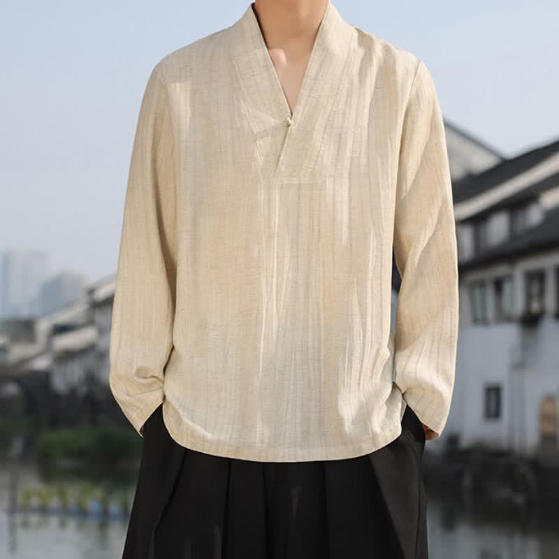 Buddha Stones Spring Fall Casual Tang Style V-Neck Solid Men's Long Sleeve Shirts - image 5