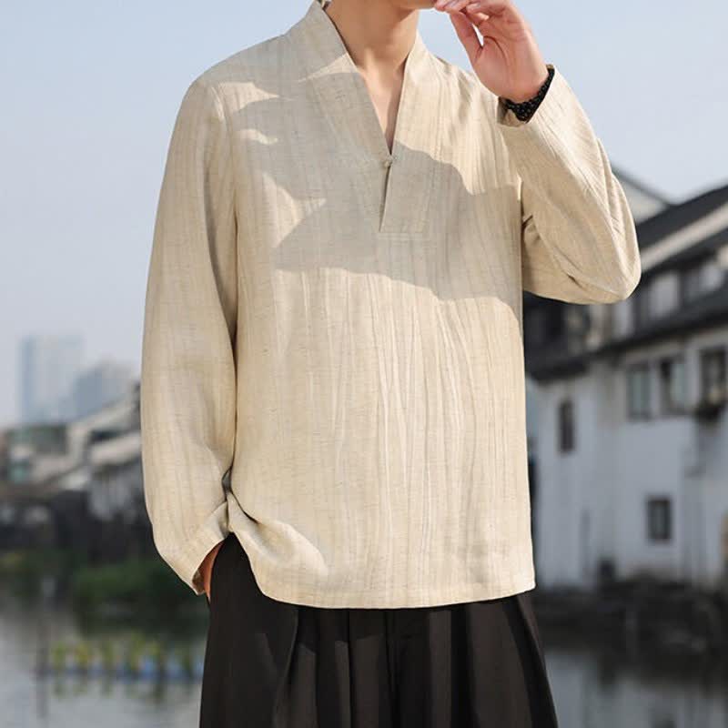 Buddha Stones Spring Fall Casual Tang Style V-Neck Solid Men's Long Sleeve Shirts - image 2