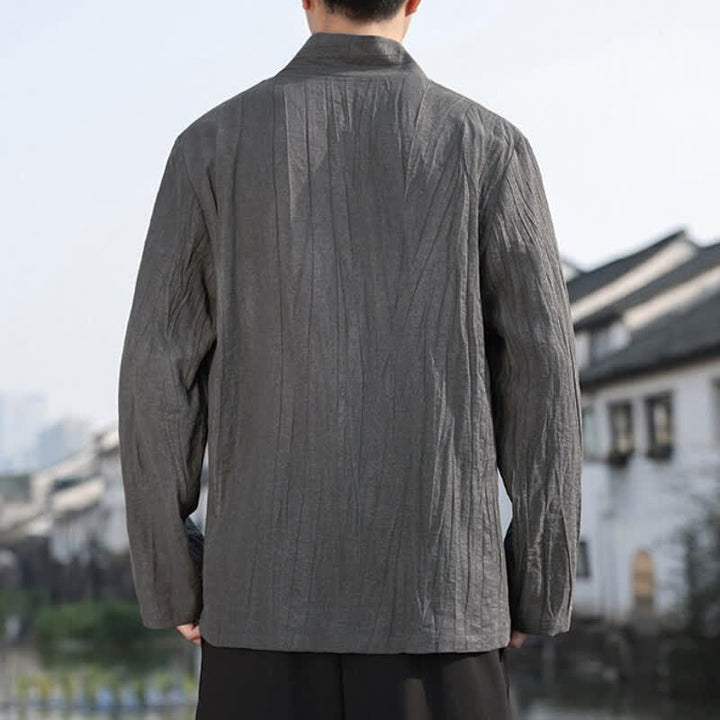 Buddha Stones Spring Fall Casual Tang Style V-Neck Solid Men's Long Sleeve Shirts - image 15