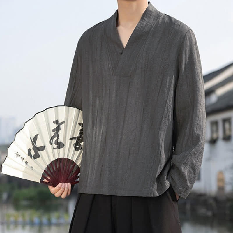 Buddha Stones Spring Fall Casual Tang Style V-Neck Solid Men's Long Sleeve Shirts - image 13