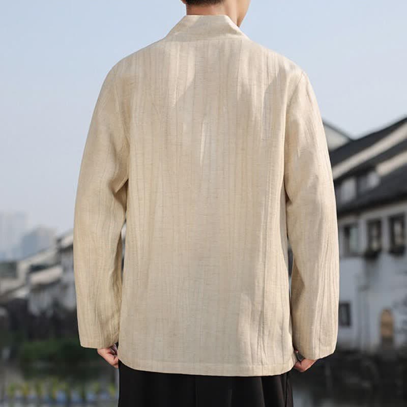 Buddha Stones Spring Fall Casual Tang Style V-Neck Solid Men's Long Sleeve Shirts - image 4