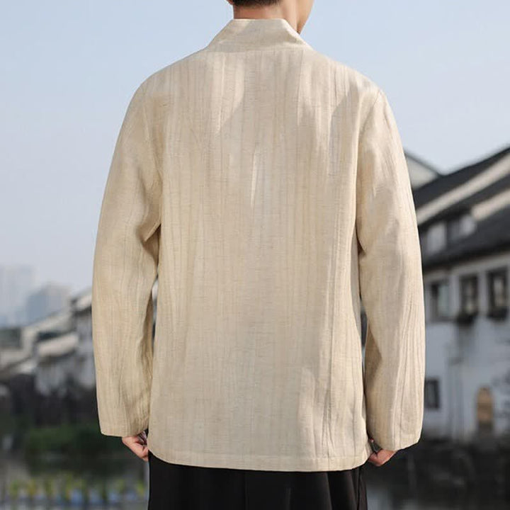 Buddha Stones Spring Fall Casual Tang Style V-Neck Solid Men's Long Sleeve Shirts - image 4